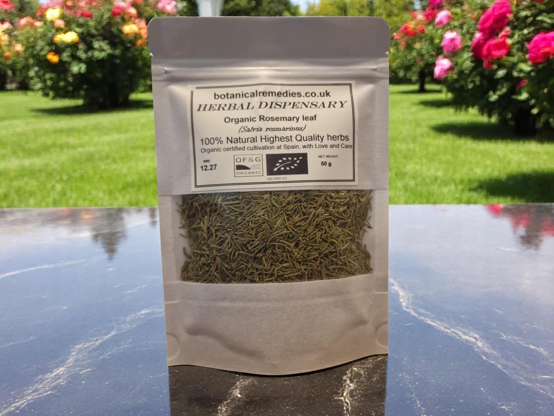 Package with Organic Rosemary leaf, dried loose herbal tea, an herbal remedy