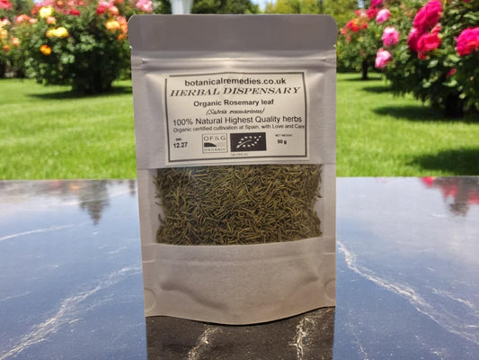 Package with Organic Rosemary leaf, dried loose herbal tea, an herbal remedy