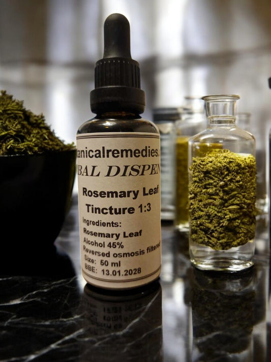 A bottle of Rosemary leaf Tincture with a dropper, an herbal remedy from Botanical Remedies herbal dispensary