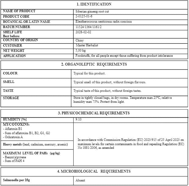 Certificate of analysis for Siberian Ginseng root tea 