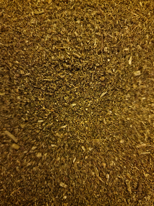 close up of "Sleep well" herbal blend which include Lemon balm leaf, Valerian root, Chamomile flower, Motherwort herb, Hops strobile and Hawthorn flower and leaf, an herbal remedy from Botanical Remedies herbal dispensary