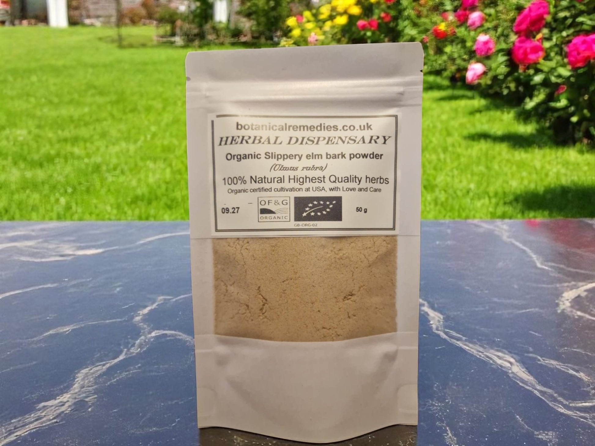Package with Organic Slippery elm bark powder, an herbal remedy