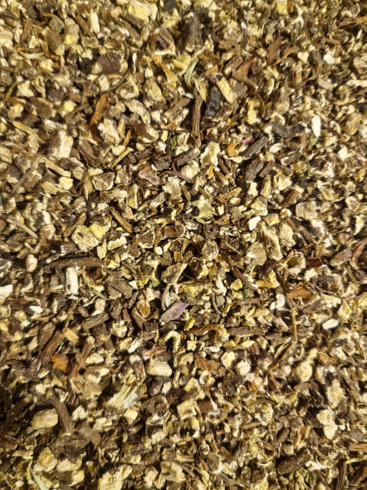 Close up of dried and cut spiny restharrow root pieces, an herbal remedy from Botanical Remedies herbal dispensary, loose herbal tea
