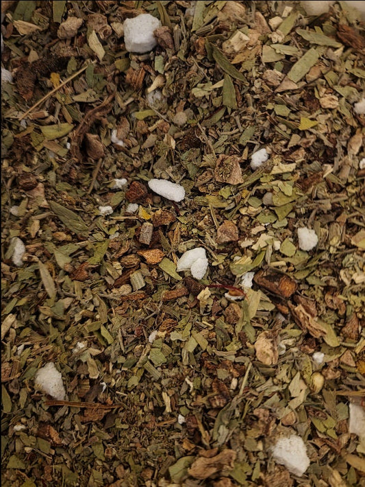 close up of Swedish Bitters herbal blend, loose dried herbs for tincture preparation, an herbal remedy containing Angelica archangelica (Angelica),Artemisia absinthium (Wormwood),Camphora synthetica (Camphor),Cassia Angustifolia (Senna),Crocus Sativus (Saffron),Curcuma Zedoaria (Zedoary),Rheum Palmatum (Rhubarb),Carlina Acaulis (Dwarf Carline Thistle),Commiphora Molmol (Myrrh Gum),Fraxinus Ornus (Manna Ash),Theriac herb mix (Angelica Root, Valerian Root, Cinnamon, 