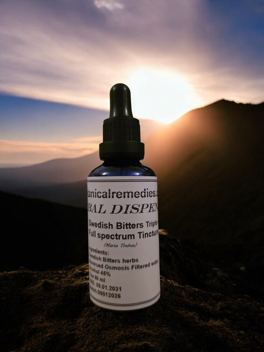 an dropper bottle with Swedish Bitters Tincture triple extracted full spectrum from Botanical Remedies herbal dispensary, an traditional herbal remedy