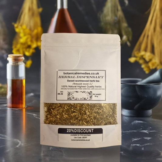 Package with Sweet wormwood herb, dried and cut, loose herbal tea, and herbal remedy