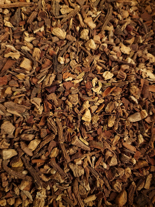 close up of dried and cut herbs and spices from Theriac herb blends, an traditional herbal remedy from Botanical Remedies herbal dispensary