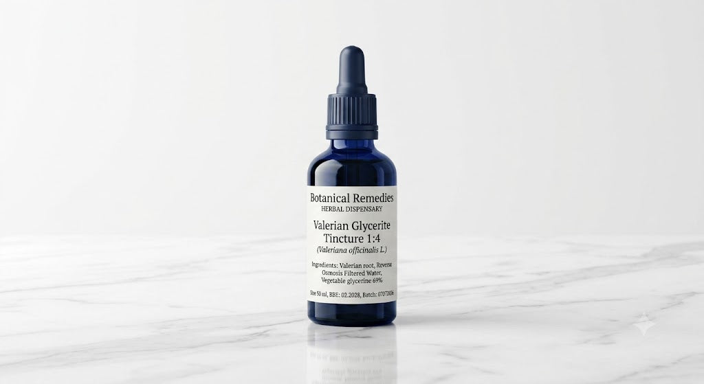 A 50ml cobalt blue glass dropper bottle of alcohol-free Valerian Glycerite Tincture 1:4 (Valeriana officinalis L.) by Botanical Remedies, showcasing a clean white label standing centered on a polished white marble tabletop background.