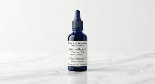 A 50ml cobalt blue glass dropper bottle of alcohol-free Valerian Glycerite Tincture 1:3 (Valeriana officinalis L.) by Botanical Remedies, showcasing a clean white label standing centered on a polished white marble tabletop background.
