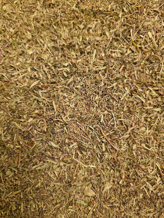 Close-up of dried and cut Winter savory leaves, an culinary spice and herbal remedy from Botanical Remedies herbal dispensary