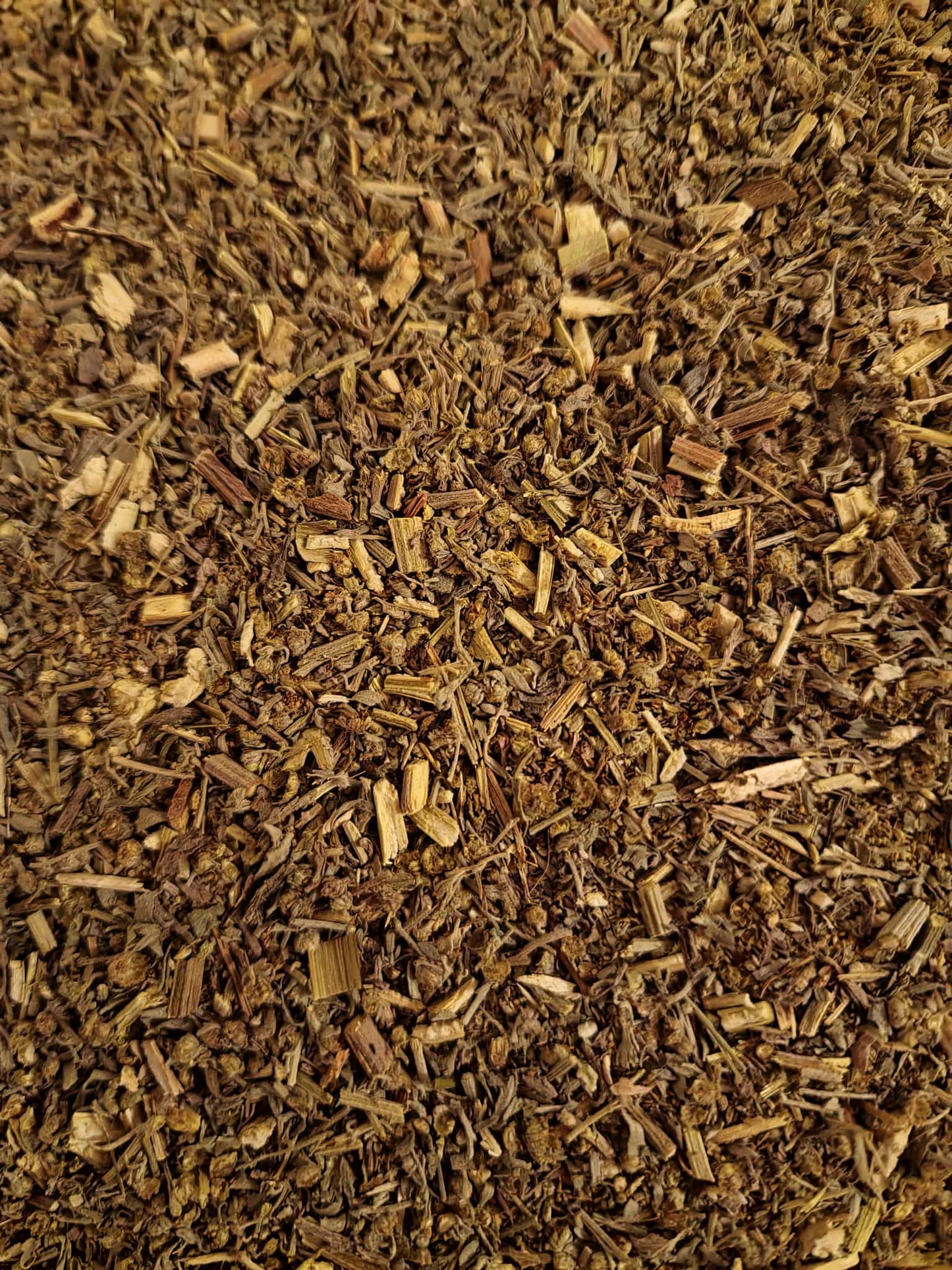 Close-up of dried Wormwood herb tea, loose herbal tea, an herbal remedy from Botanical Remedies herbal dispensary