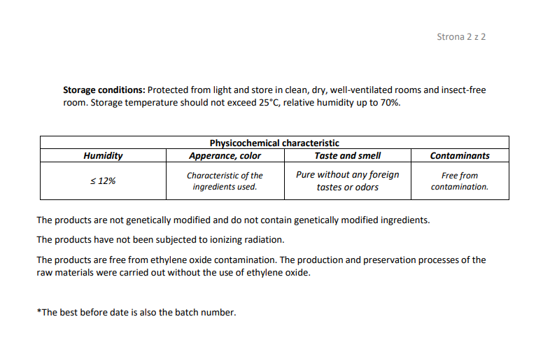 Document with storage conditions and physicochemical characteristics of a Wormwood product on a white background