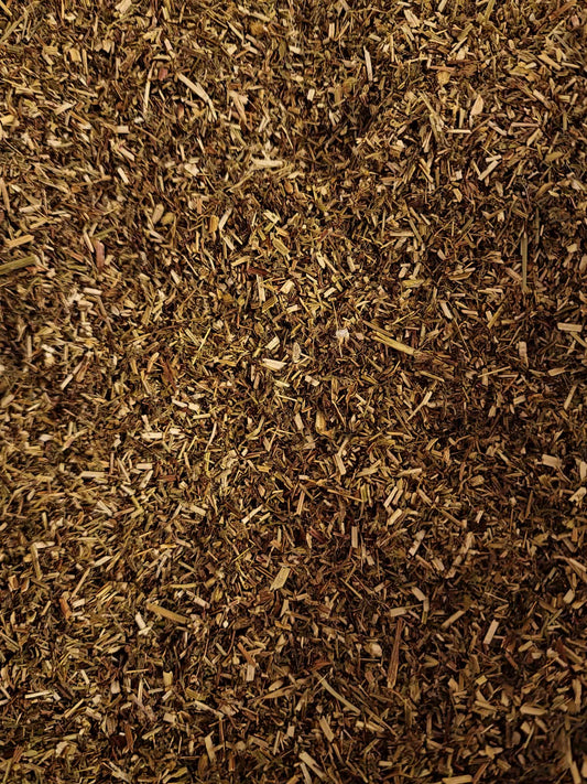 Close-up of dried and cut Botanical Remedies Yarrow herb, loose herbal tea, an herbal remedy