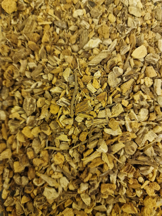 close up of dried and cut yellow gentian root, loose herbal team, an herbal remedy from Botanical remedies herbal dispensary