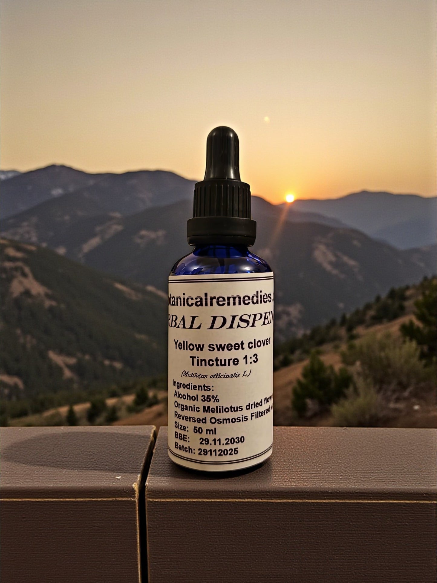 dropper bottle with yellow sweet clover tincture, an herbal remedy from Botanical remedies herbal dispensary