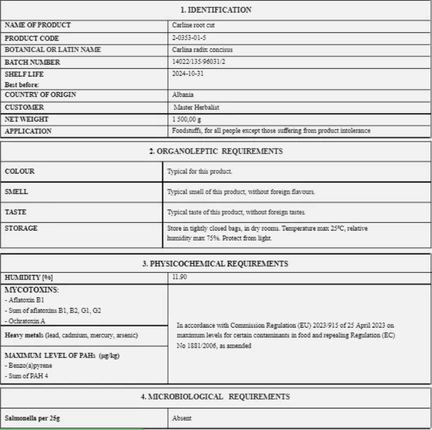 Carline thistle root tea (Carlina acaulis L.) Lab-proven Quality and Purity