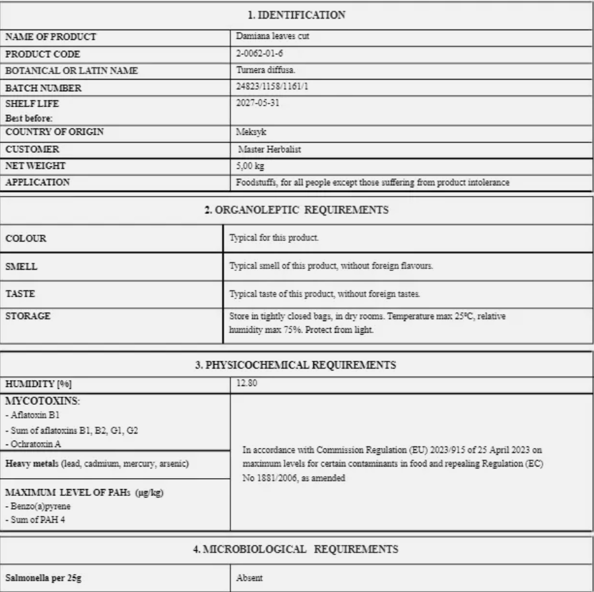 Damiana leaf tea (Turnera diffusa (G.H. Ward) Urban.) Lab-proven Quality and Purity