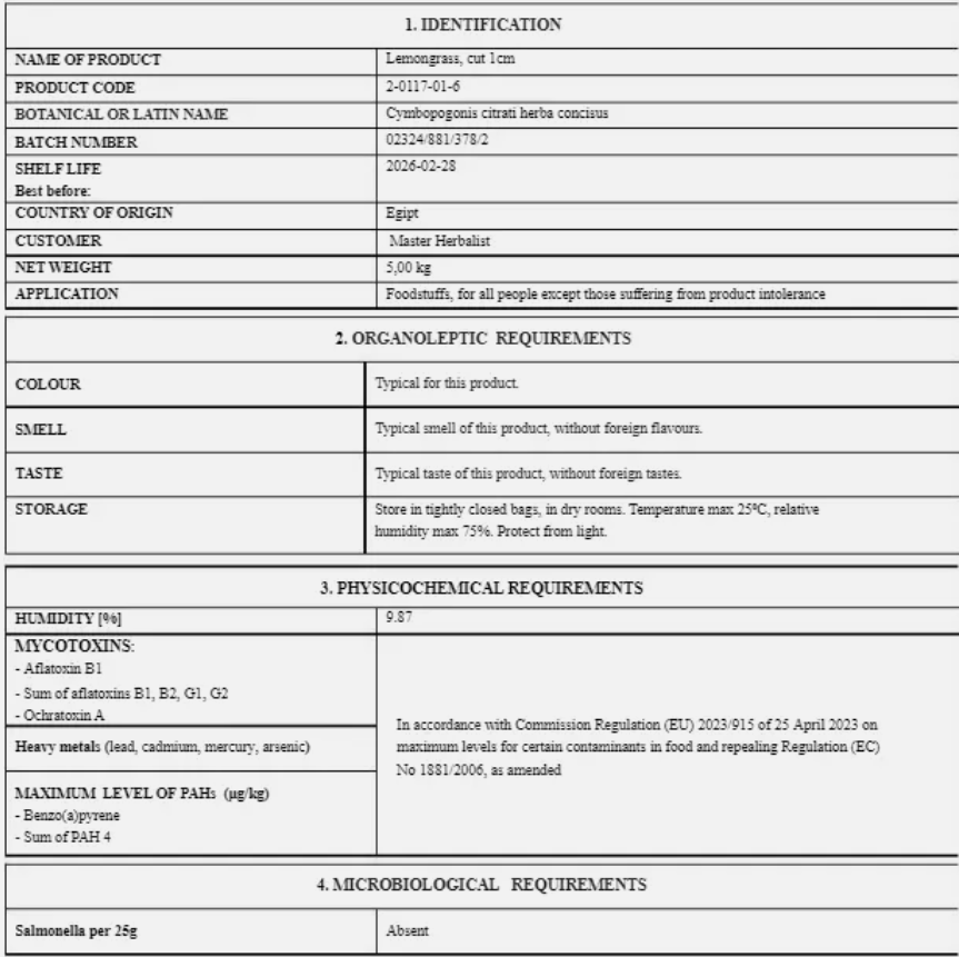 Lemongrass tea (Cymbopogon citratus - (DC. Ex Nees) Stapf) Lab-proven Quality and Purity