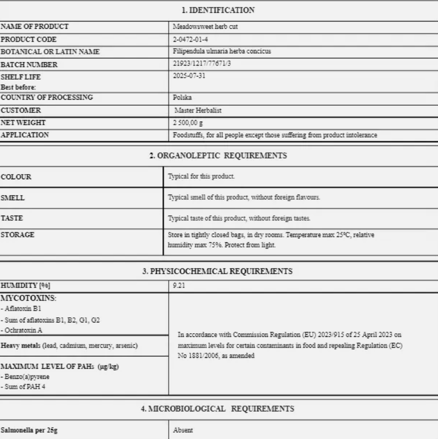 Meadowsweet herb tea (Filipendula ulmaria L.Maxim) Lab-proven Quality and Purity