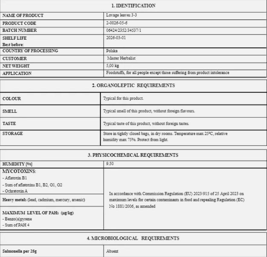 Lovage leaf tea (Levisticum officinale - W.D.J.Koch.) Lab-proven Quality and Purity