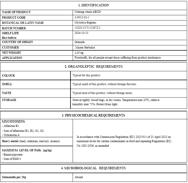 Nutmeg whole (Myristica fragrans Houtt.) Lab-proven Quality and Purity