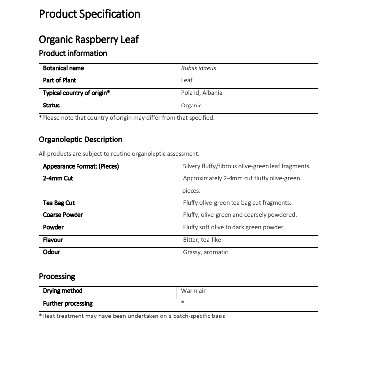 Organic Raspberry leaf tea (Rubus idaeus L.)