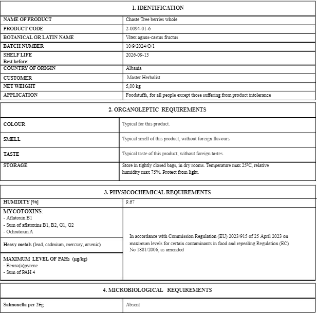 Chaste tree berry tea (Vitex agnus-castus L.) Lab-proven Quality and Purity