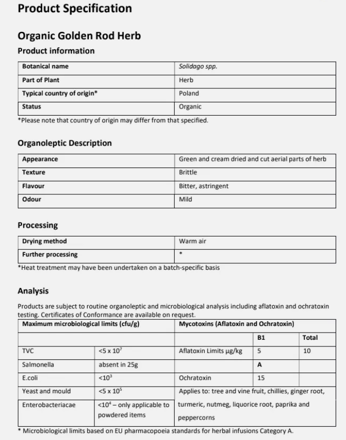 Organic Goldenrod herb tea (Solidago virgaurea - L.) Lab-proven Quality and Purity