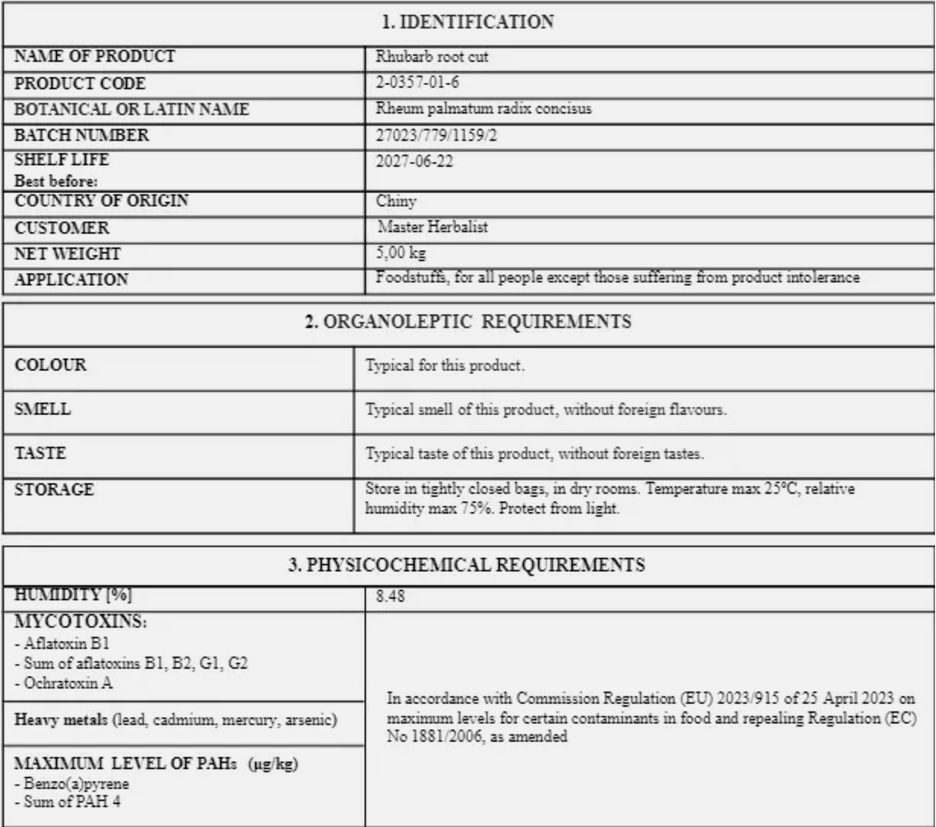 Turkey rhubarb root tea (Rheum palmatum L.) LAB-proven QUALITY and PURITY