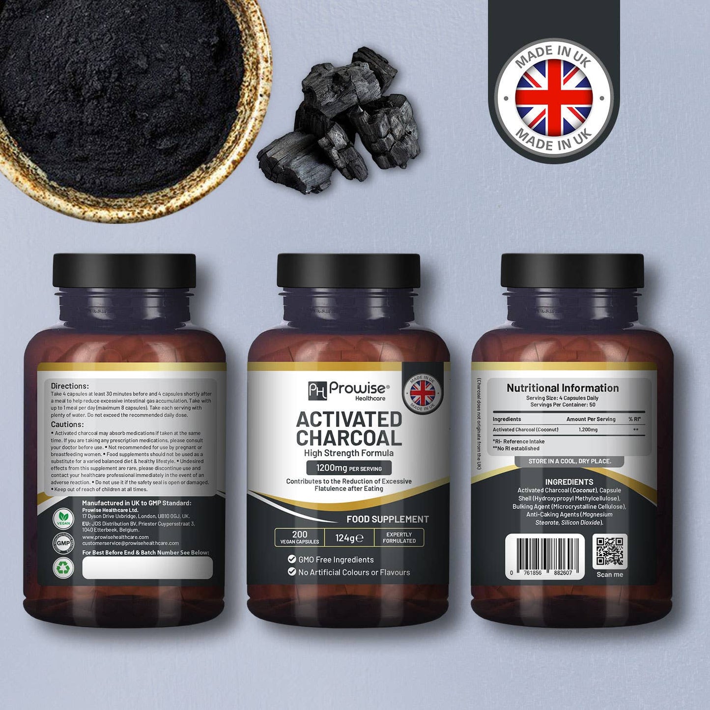 Activated Charcoal Capsules 200 High Strength Vegan Capsules