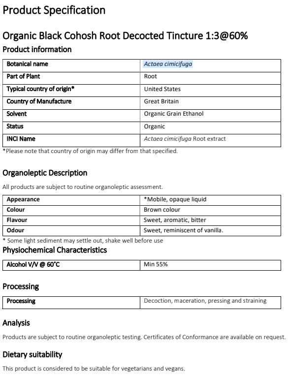 Document with products specification for Black cohosh tincture organic