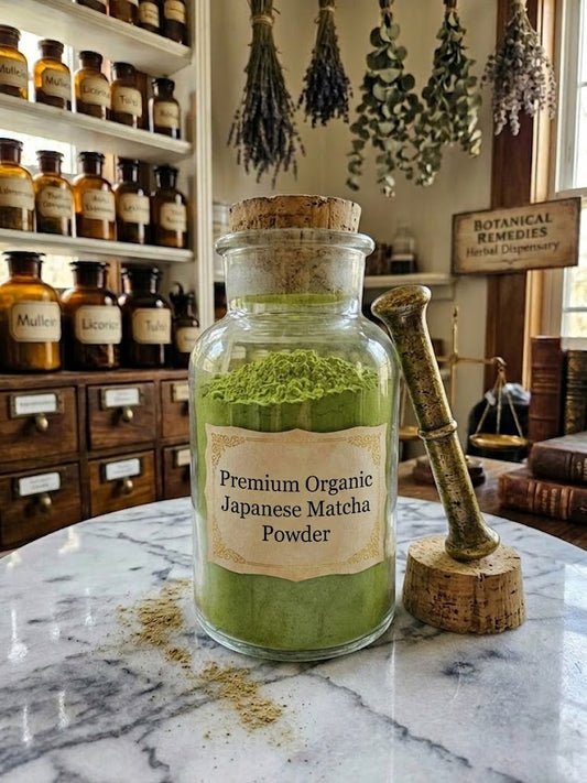 A detailed close-up of Organic Korean Matcha Garucha powder in a decorative glass container, set against a classic apothecary backdrop at Botanical Remedies