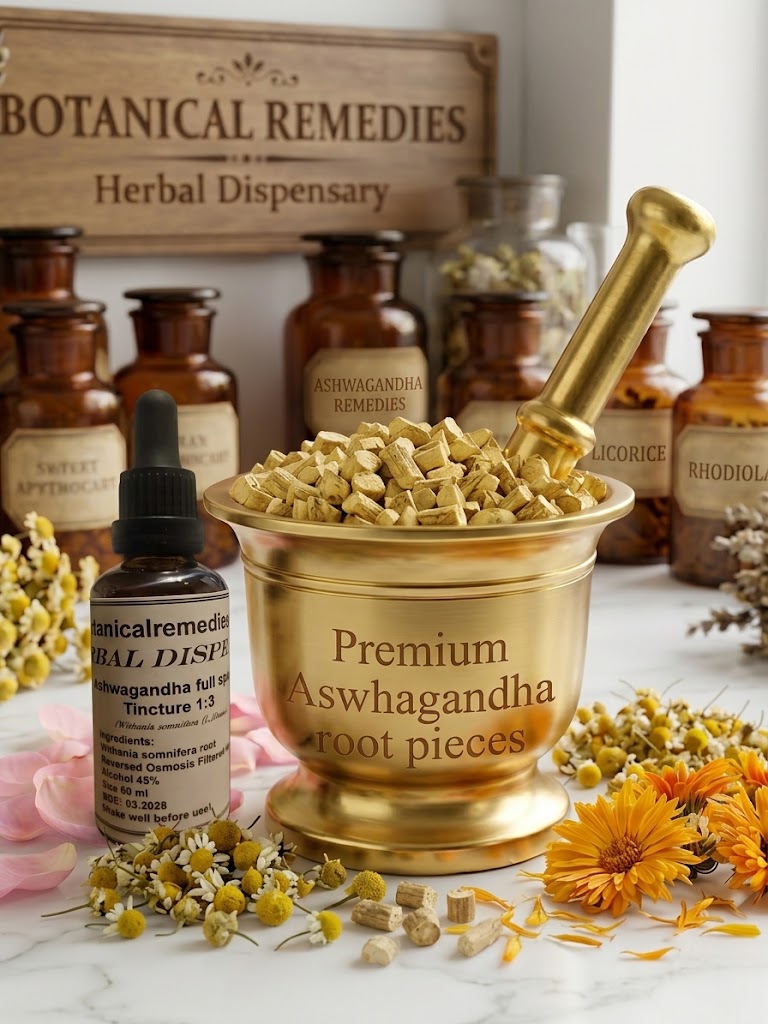 The Botanical Remedies Ashwagandha product range displayed on a marble apothecary counter, featuring an amber bottle of Full Spectrum Tincture alongside a golden mortar filled with premium cut root pieces, surrounded by traditional dispensary jars and botanicals.