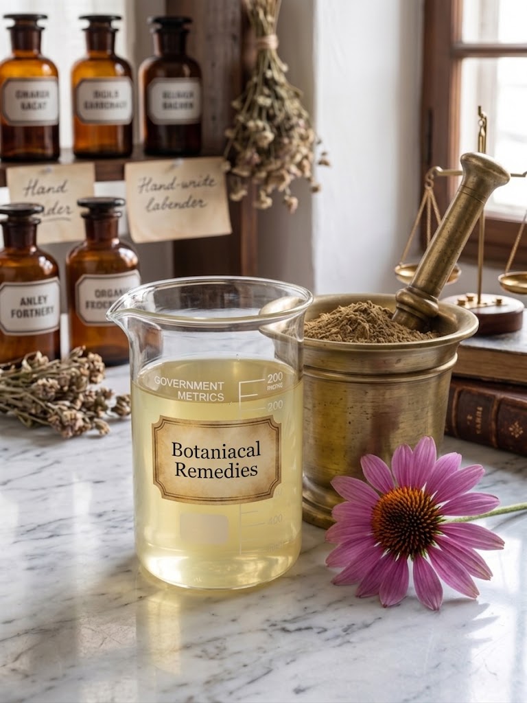 A clear glass beaker filled with pale yellow Echinacea root glycerite, sitting next to a brass mortar containing herbal powder and a fresh purple coneflower on a white marble countertop in a traditional dispensary.