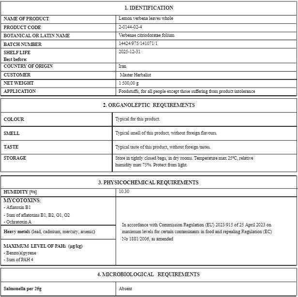 Certificate of analysis forLemon Verbena whole leaves from Botanical Remedies with detail about Latin name, shelf life, country of origin, also organoleptic, physiochemical and microbiological analysis results