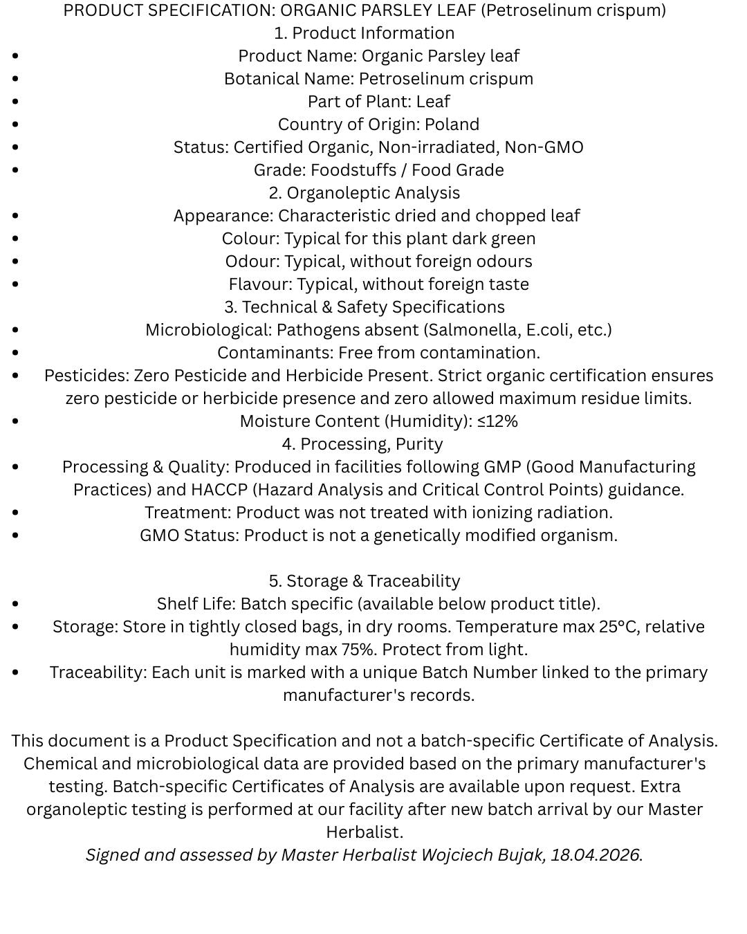 Official product specification and purity sheet for premium dried Parsley leaf (Petroselinum crispum), detailing quality standards, safety limits, and clinical organoleptic testing