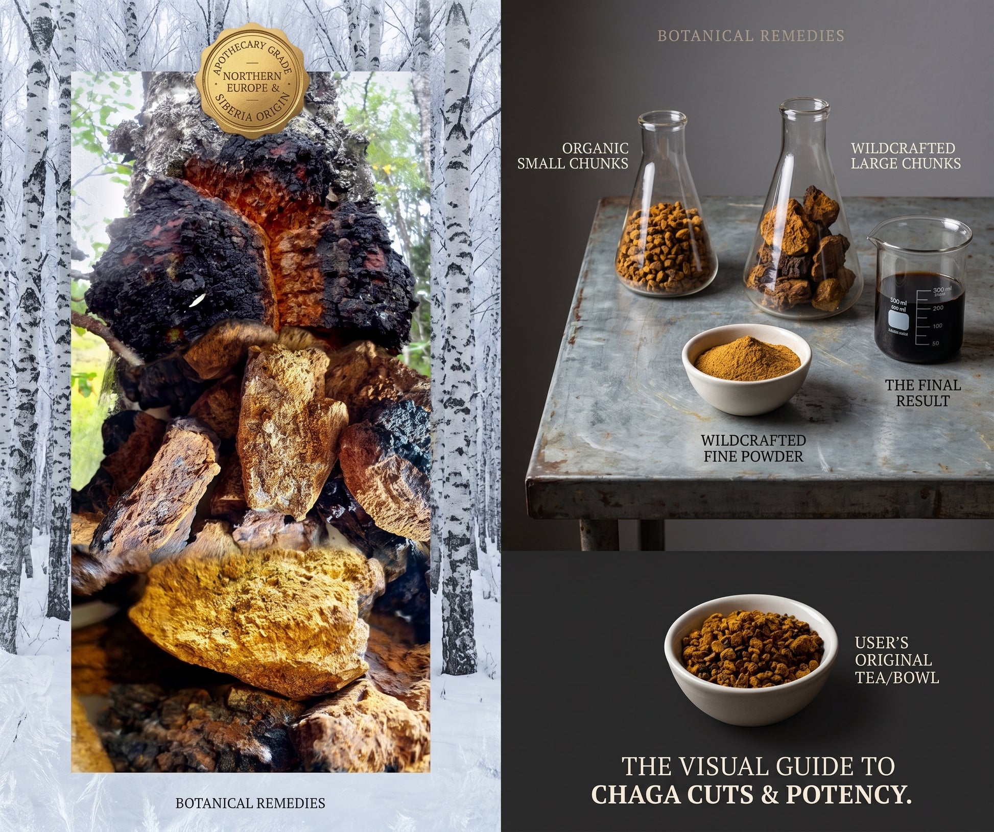 A visual guide comparing the different apothecary cuts of Chaga mushroom, including organic standard chunks, wildcrafted large chunks, fine powder, and the dark brewed decoction