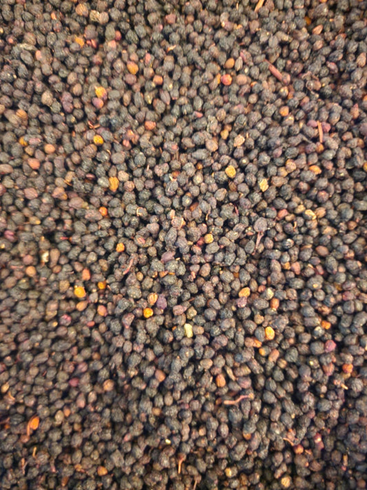 close p of dried Dwarf Elder berries, loose herbal tea, an herbal remedy