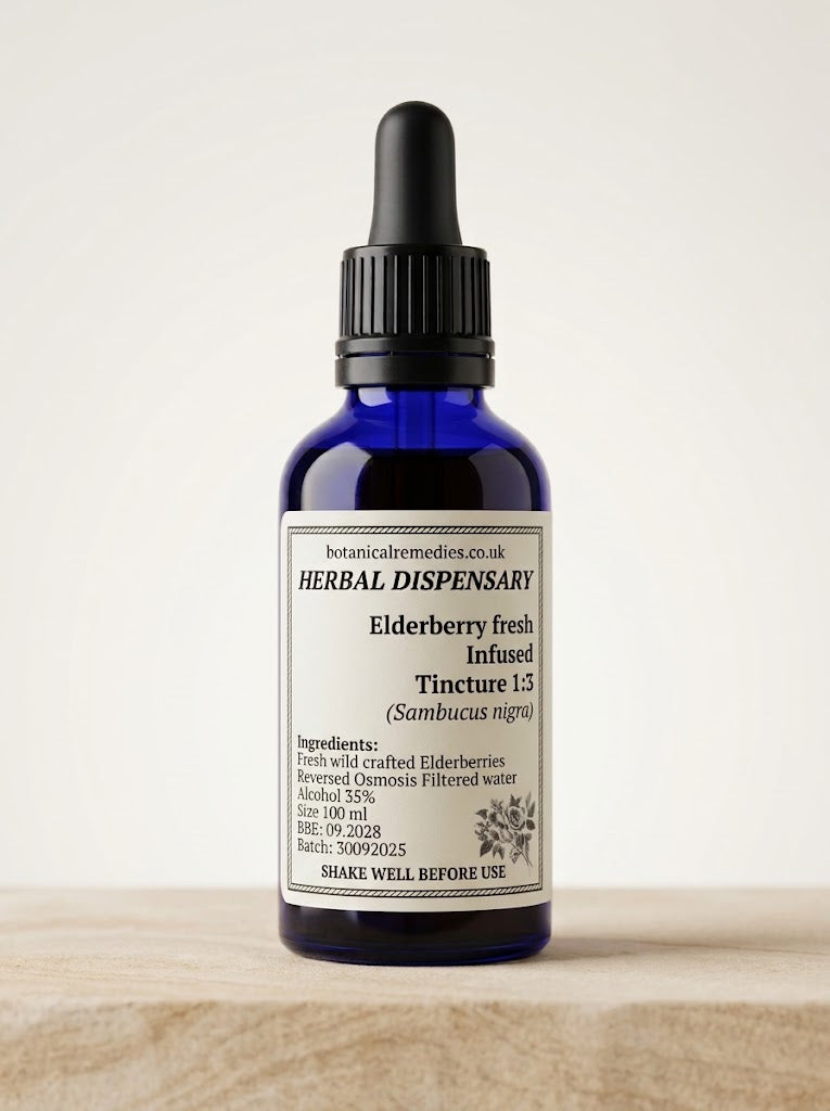 Fresh UK Wild Harvested Elderberry Tincture 1:3 (Sambucus nigra) 35% ABV amber glass dropper bottle hand-crafted in Great Britain.