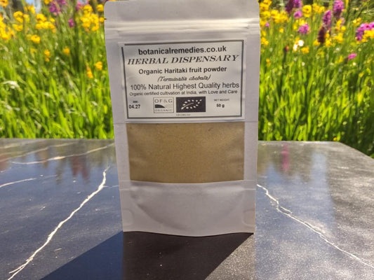 Package with Haritaki fruit organic, dried and powdered, an herbal remedy