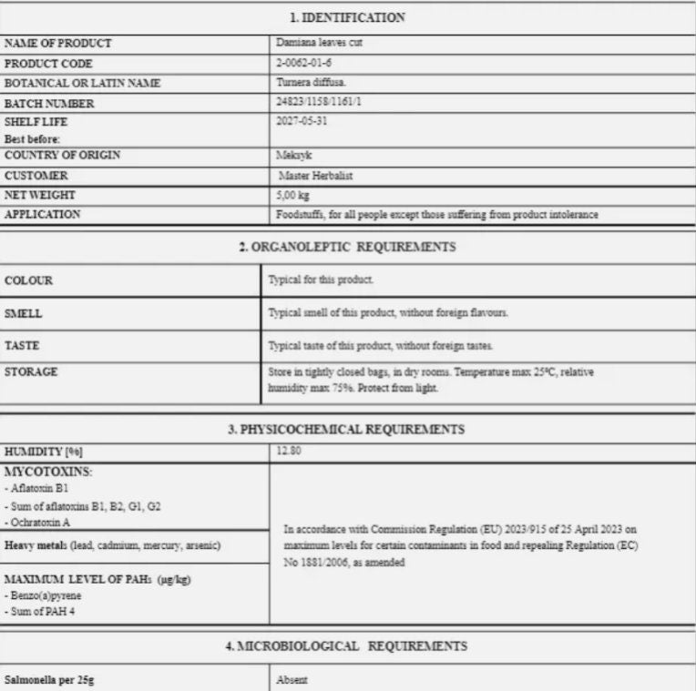 Damiana leaf tea (Turnera diffusa (G.H. Ward) Urban.) Lab-proven Quality and Purity