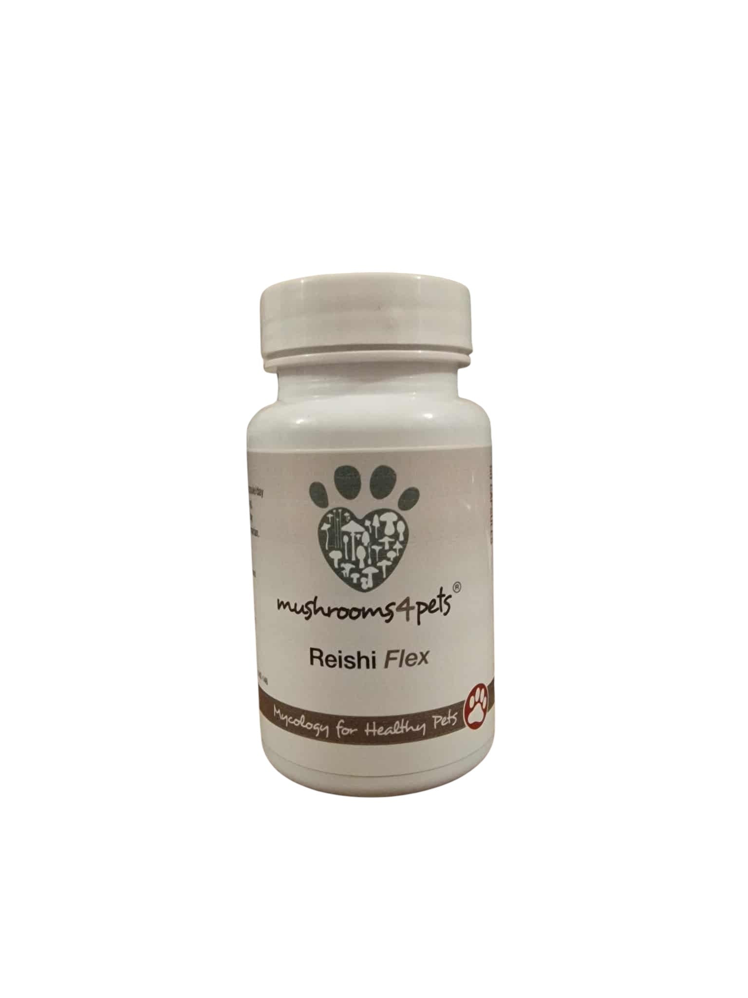 Front view of the mushrooms4pets Reishi Flex supplement bottle, a practitioner-grade MycoNutri brand. The white bottle features a heart-shaped mushroom logo and the tagline "Mycology for Healthy Pets," containing 60 capsules for joint and immune support