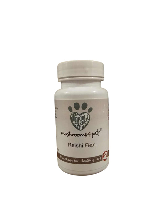 Front view of the mushrooms4pets Reishi Flex supplement bottle, a practitioner-grade MycoNutri brand. The white bottle features a heart-shaped mushroom logo and the tagline "Mycology for Healthy Pets," containing 60 capsules for joint and immune support