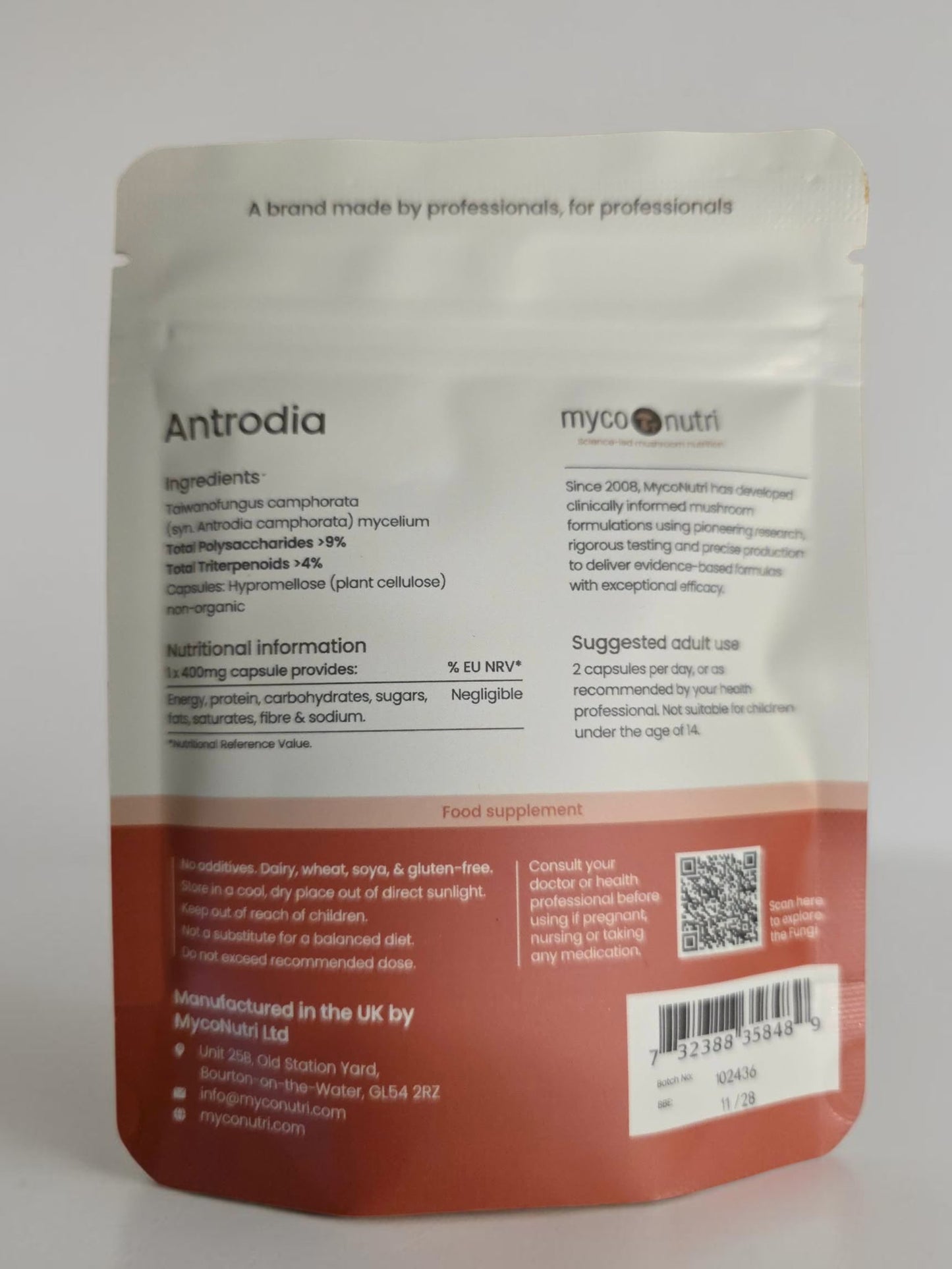 Detailed ingredients list, nutritional information, and complete supplement facts panel on the back of the MycoNutri Antrodia 60 capsules pouch. This label confirms the capsule shell is made from Hypromellose plant cellulose and provides clear dosage instructions, while verifying the product is free from dairy, gluten, and common industry shortcuts