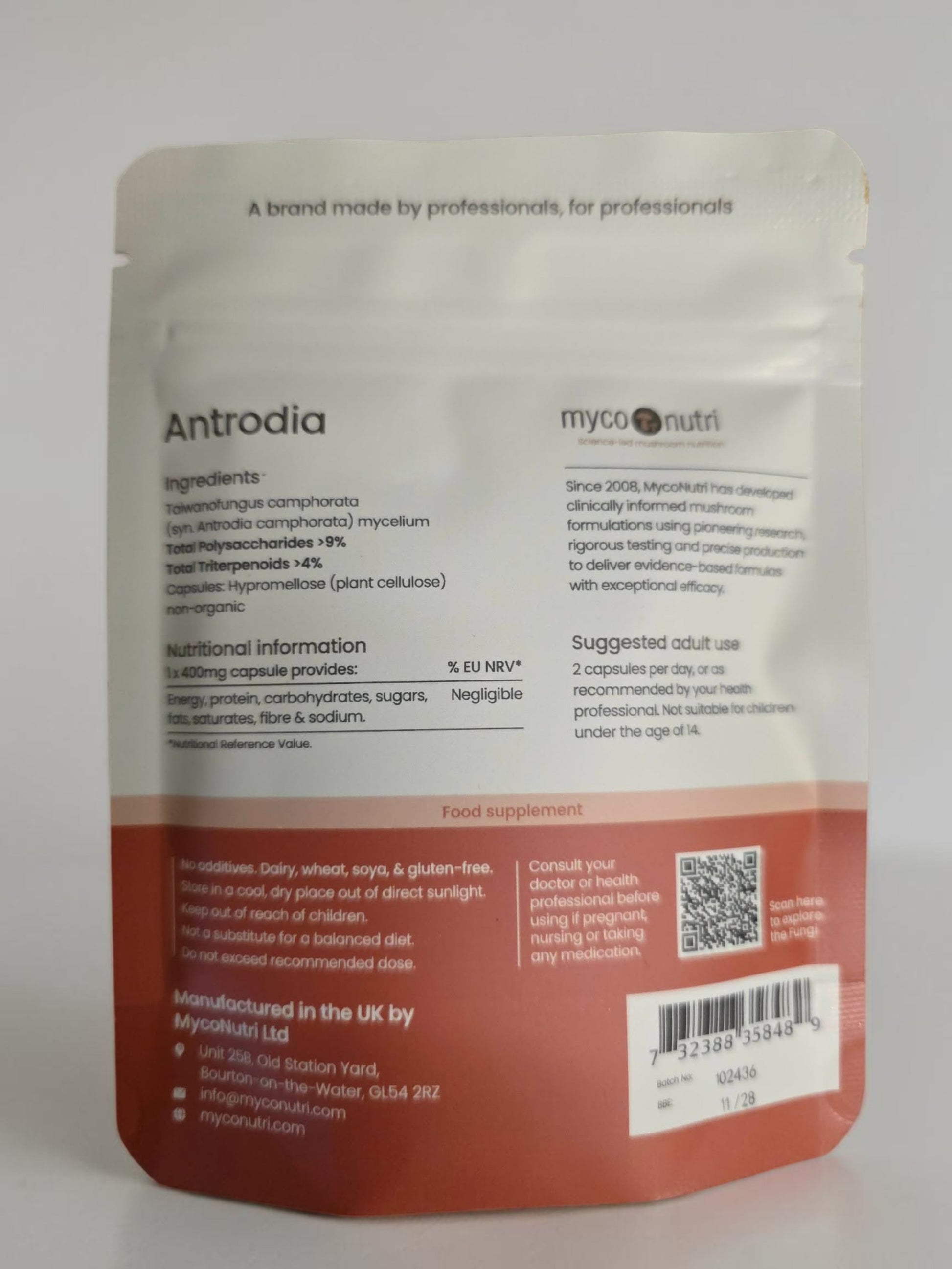 Detailed ingredients list, nutritional information, and complete supplement facts panel on the back of the MycoNutri Antrodia 60 capsules pouch. This label confirms the capsule shell is made from Hypromellose plant cellulose and provides clear dosage instructions, while verifying the product is free from dairy, gluten, and common industry shortcuts