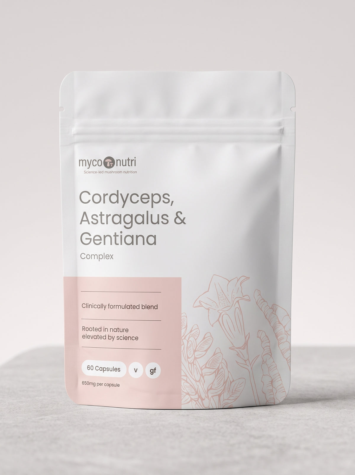 Front view of the MycoNutri Cordyceps, Astragalus & Gentiana Complex pouch displaying 60 vegan capsules (650mg fill weight) and clinically formulated botanical specifications.