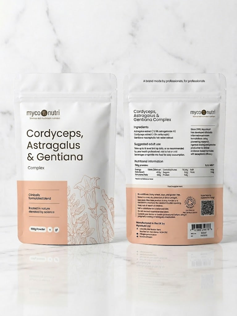 Front and back view of the MycoNutri Cordyceps, Astragalus & Gentiana 100g powder pouch, displaying the clinical formulation and ingredient percentages on a minimalist white marble table.