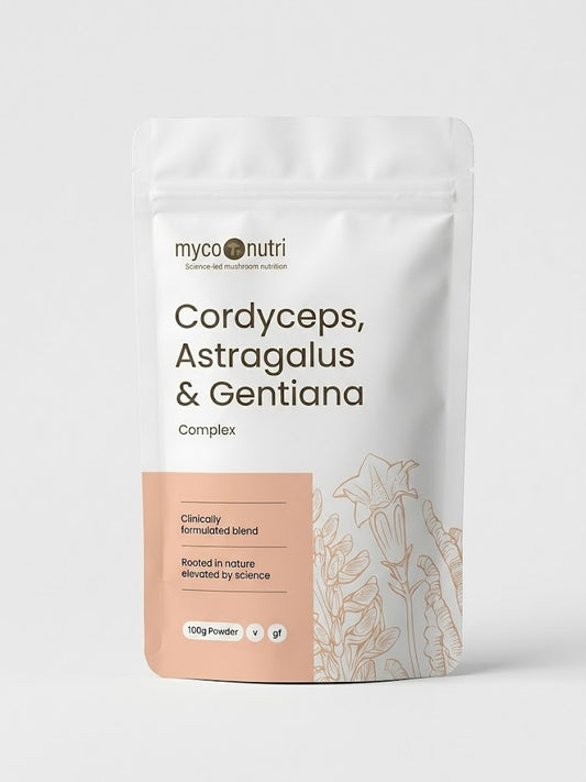 Front of MycoNutri Cordyceps, Astragalus & Gentiana 100g powder pouch resting on a minimalist white marble table.