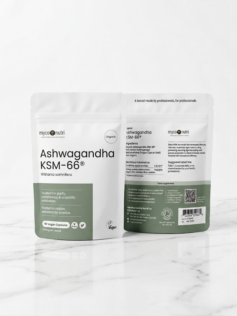 Front and Back of MycoNutri Organic Ashwagandha capsule pouch displaying the >5% withanolide standardization, vegan capsule shell ingredients, and Soil Association certification on a white marble surface.