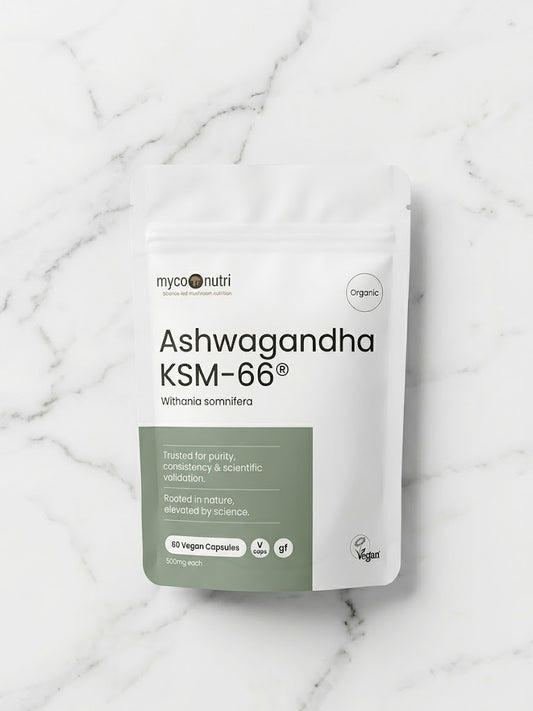 Front of MycoNutri Organic Ashwagandha KSM-66 pouch containing 60 vegan capsules resting on a minimalist white marble table